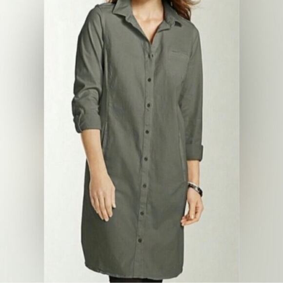 J.Jill live n chino green button down, roll tap sleeves dress Sz 4 Petite - Picture 1 of 6